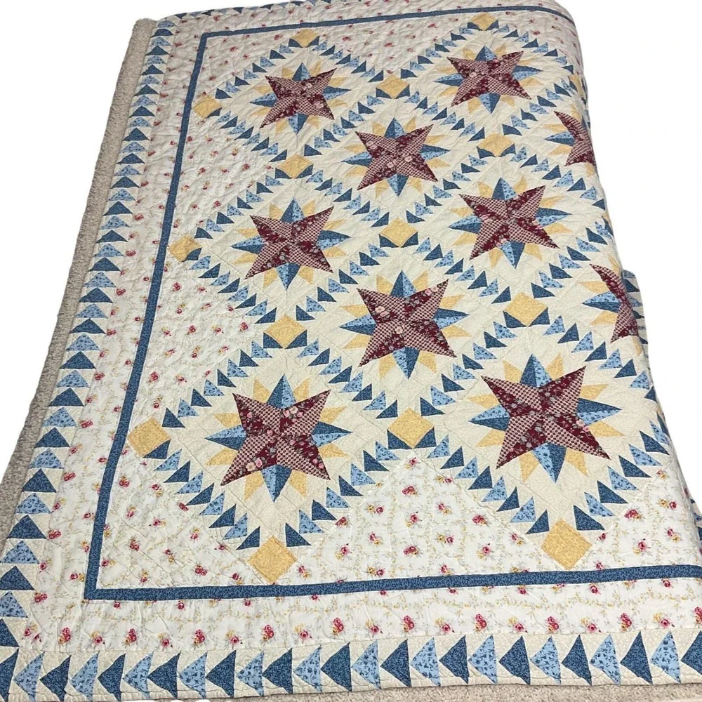 Vtg Hand Quilted Star Quilt 80x82 Americana‎ Farmhouse Cottage Cotton Bedspread